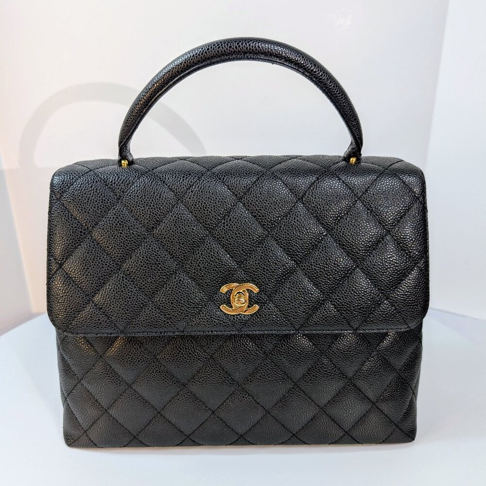 Chanel Vintage Black Quilted Caviar Leather Medium Kelly Flap Top Handle Bag